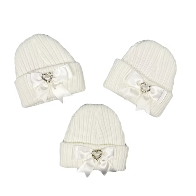 Newborn Baby Girls Hat With Diamante Brooch and Satin Bow