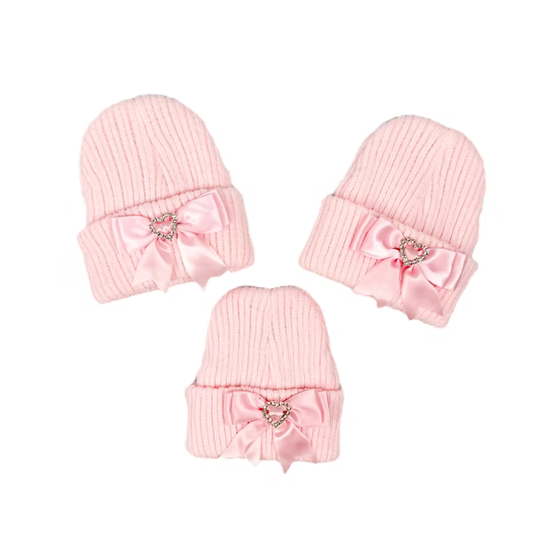 Newborn Baby Girls Hat With Diamante Brooch and Satin Bow