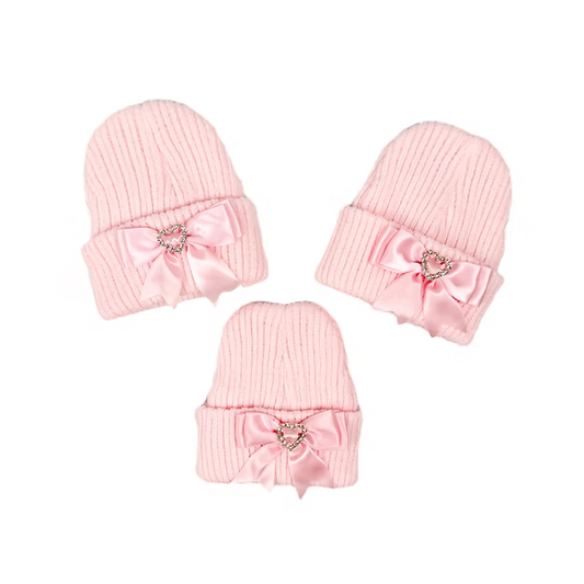 Newborn Baby Girls Hat With Diamante Brooch and Satin Bow